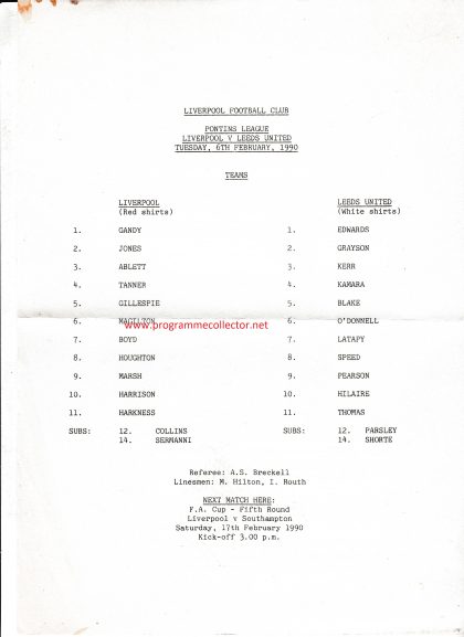 Liverpool Reserves v Leeds United Reserves 04-Feb-1990