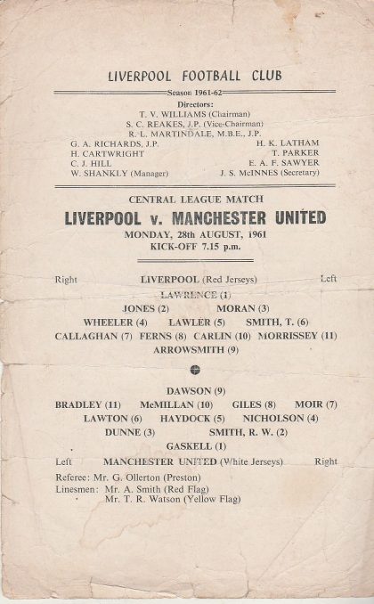 Liverpool Reserves v Manchester United Reserves  28-Aug-1961