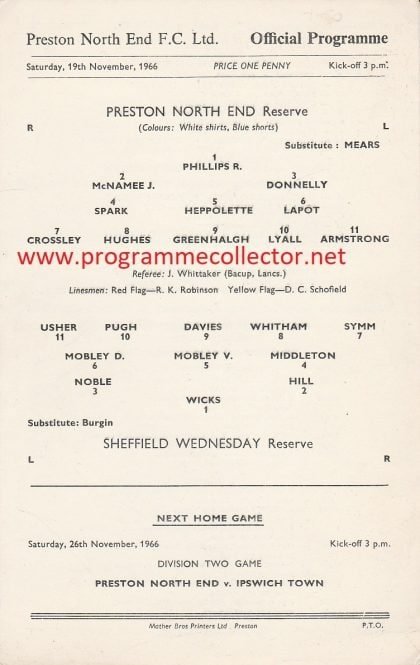 Preston North End Reserves v Sheffield Wednesday Reserves 19-Nov-1966