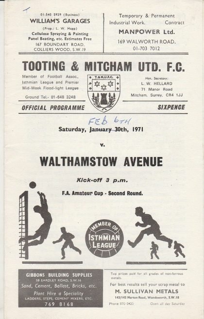 Tooting & Mitcham United v Walthamstowe Avenue 30-Jan-1971