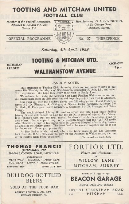Tooting & Mitcham United v Walthamstowe Avenue 04-Apr-1959