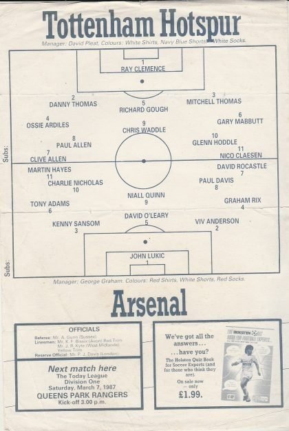 Tottenham Hotspur v Arsenal 01-Mar-1987