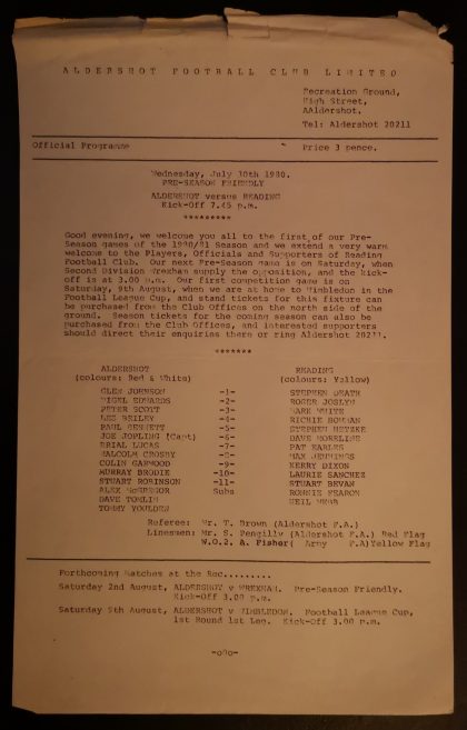 Aldershot v Reading  30-Jul-1980