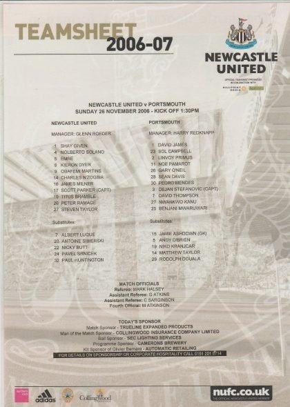 Newcastle United v Portsmouth 26-Nov-2006