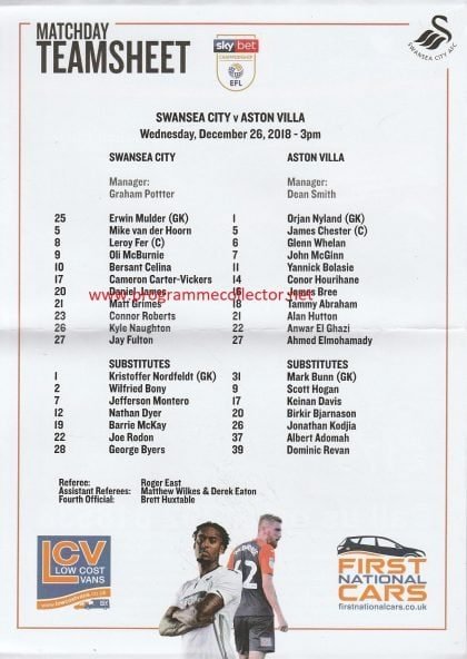 Swansea City v Aston Villa 26-Dec-2018