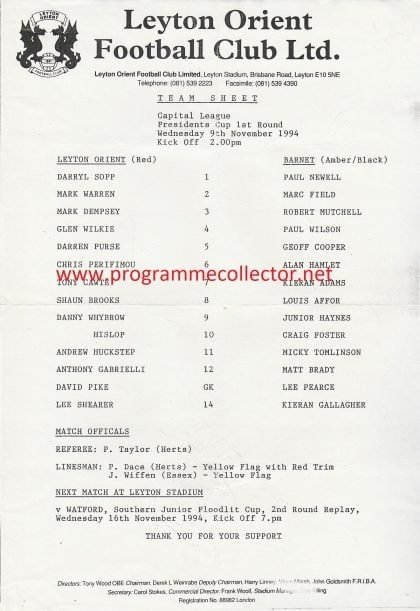 Leyton Orient Reserves v Barnet Reserves  09-Nov-1994