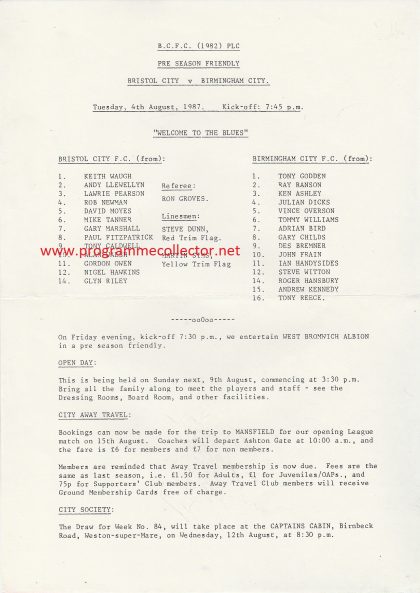 Bristol City v Birmingham City 04-Aug-1987