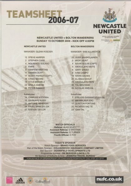 Newcastle United v Bolton Wanderers 15-Oct-2006