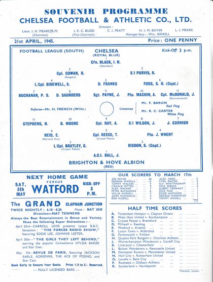 Chelsea v Brighton & Hove Albion  21-Apr-1945 REPLICA