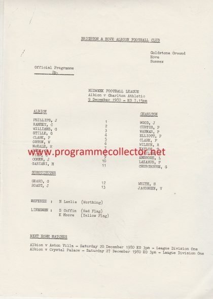 Brighton & Hove Albion Reserves v Charlton Athletic Reserves  09-Dec-1980