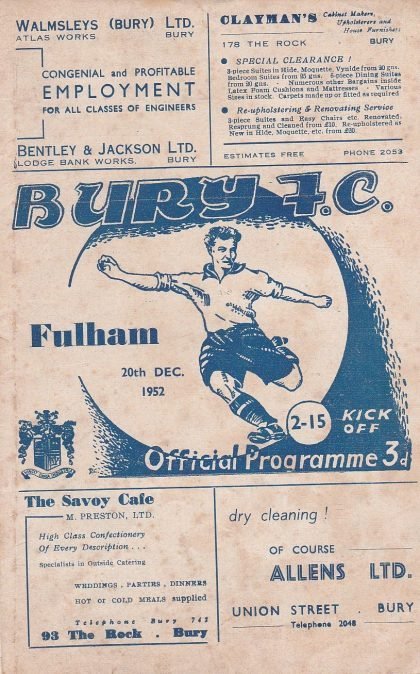 Bury v Fulham 20-Dec-1952