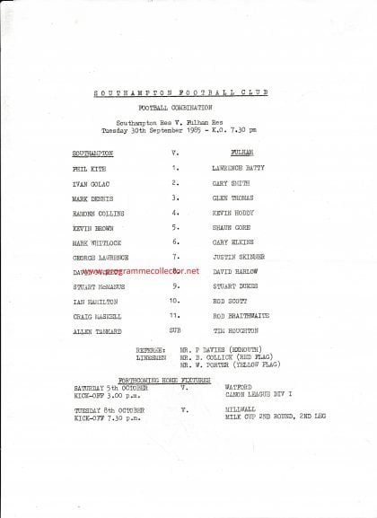 Southampton Reserves v Fulham Reserves 30-Sep-1985