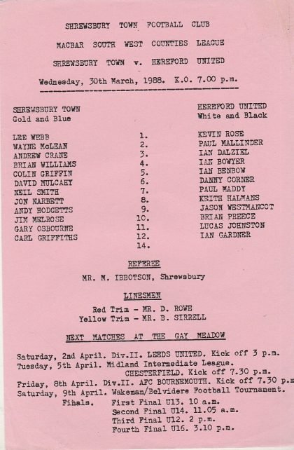 Shrewsbury Town Reserves v Hereford United Reserves  30-Mar-1988