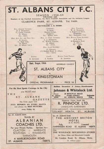 St Albans City v Kingstonian 13-Sep-1958