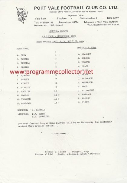 Port Vale Reserves v Mansfield Town Reserves 26-Aug-1987