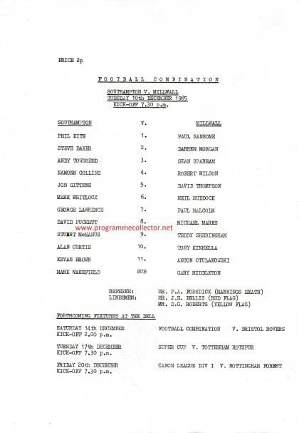Southampton Reserves v Millwall Reserves 10-Dec-1985