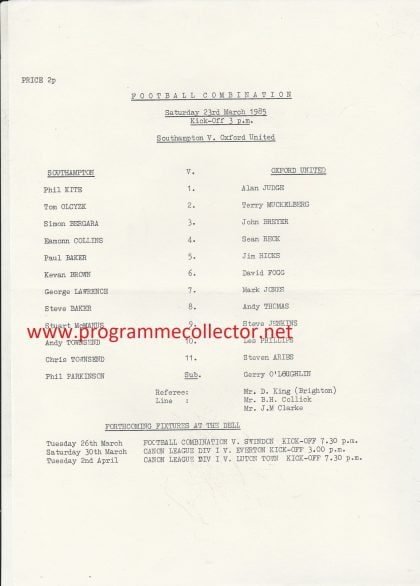 Southampton Reserves v Oxford United Reserves  23-Mar-1985