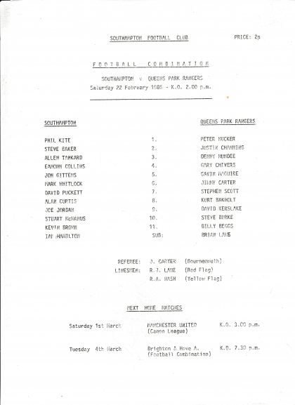 Southampton Reserves v Queens Park Rangers Reserves  22-Feb-1986