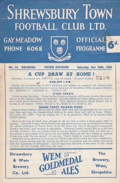 Shrewsbury Town v Reading 29-Oct-1960