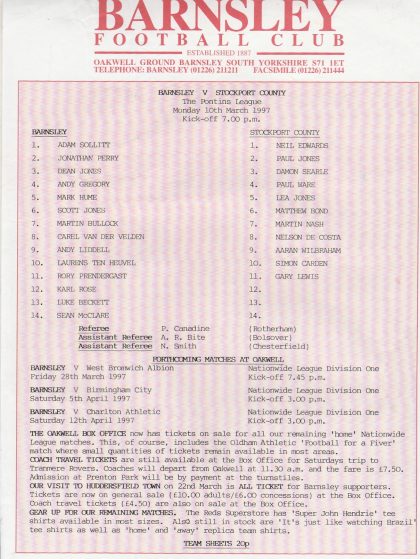 Barnsley Reserves v Stockport County Reserves  10-Mar-1997