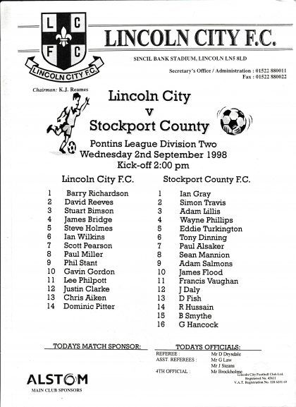 Lincoln City Reserves v Stockport County Reserves  02-Sep-1998