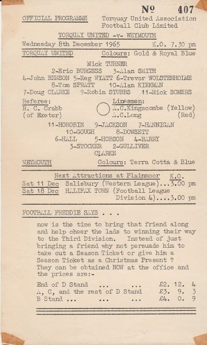 Torquay United Reserves v Weymouth  08-Dec-1965