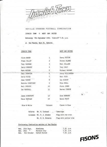 Ipswich Town Reserves v West Ham United Reserves 08-Sep-1993