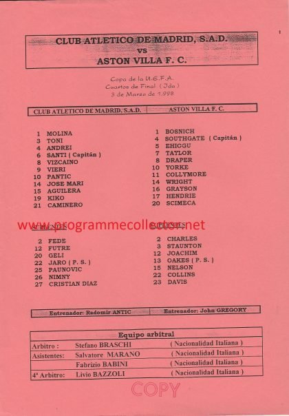 Atletico Madrid v Aston Villa  03-Mar-1998