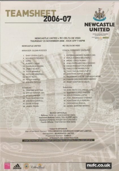 Newcastle United v Celta Vigo  23-Nov-2006