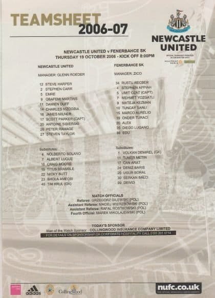 Newcastle United v Fenerbahce SK  19-Oct-2006