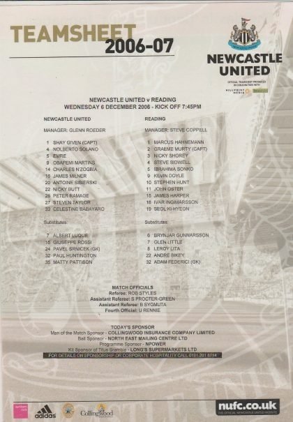 Newcastle United v Reading 06-Dec-2006