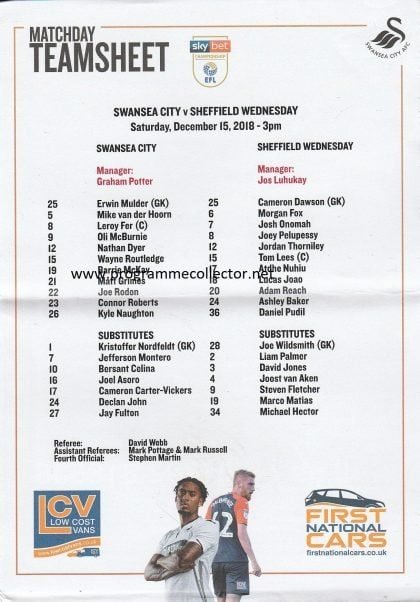 Swansea City v Sheffield Wednesday 15-Dec-2018