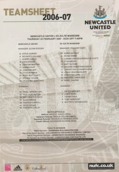 Newcastle United v SV Zulte Waregem  22-Feb-2007