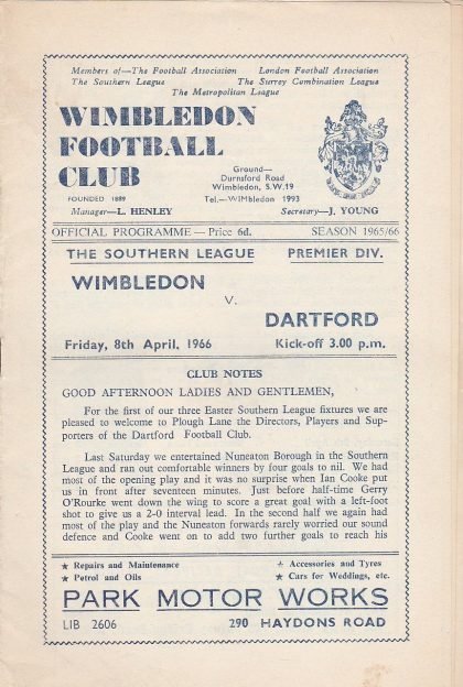 Wimbledon v Dartford 08-Apr-1966