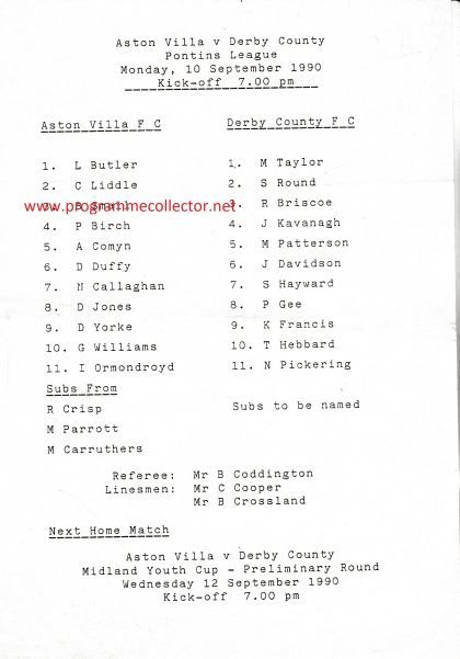 Aston Villa Reserves v Derby County Reserves 10-Sep-1990