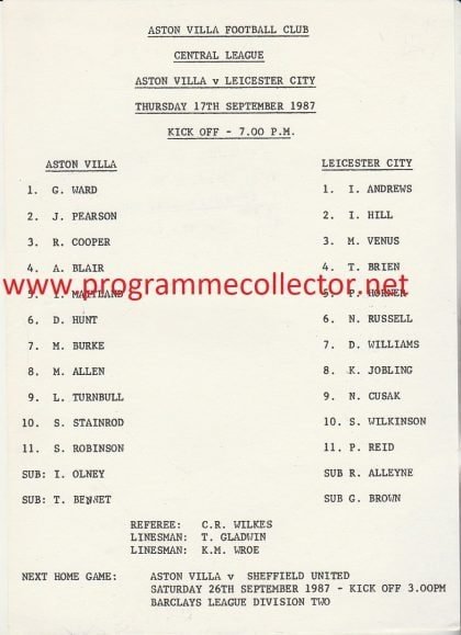 Aston Villa Reserves v Leicester City Reserves 17-Sep-1987