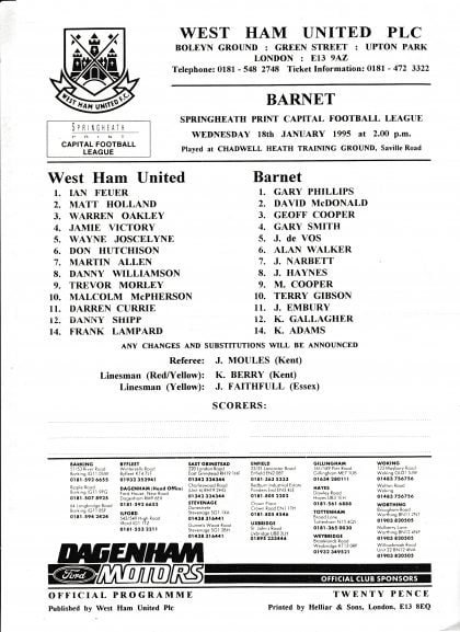 West Ham United Reserves v Barnet Reserves 18-Jan-1995