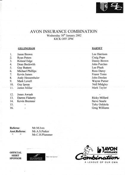 Gillingham Reserves v Barnet Reserves  30-Jan-2002