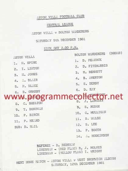 Aston Villa Reserves v Bolton Wanderers Reserves 05-Dec-1981