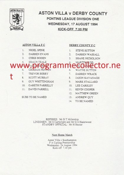 Aston Villa Reserves v Derby County Reserves 17-Aug-1994