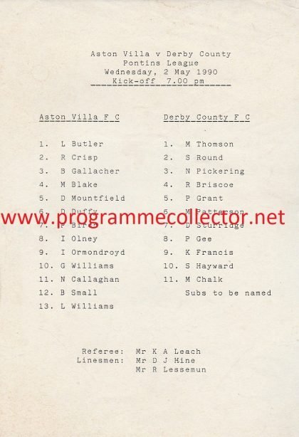 Aston Villa Reserves v Derby County Reserves 02-May-1990