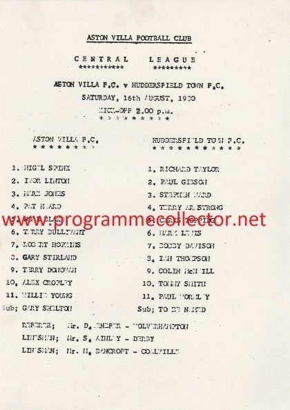 Aston Villa Reserves v Huddersfield Town Reserves 16-Aug-1980