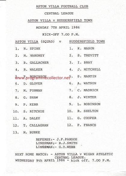 Aston Villa Reserves v Huddersfield Town Reserves 07-Apr-1986