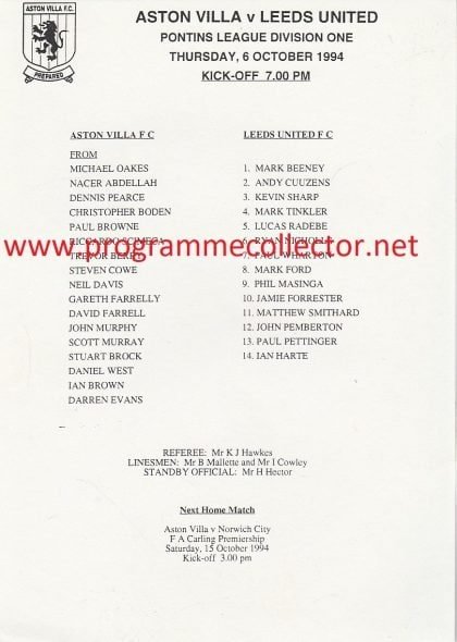 Aston Villa Reserves v Leeds United Reserves 06-Oct-1994