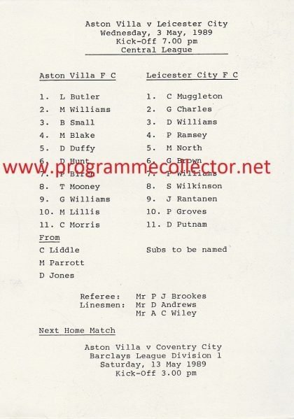 Aston Villa Reserves v Leicester City Reserves 03-May-1989
