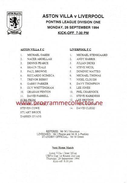 Aston Villa Reserves v Liverpool Reserves 26-Sep-1994