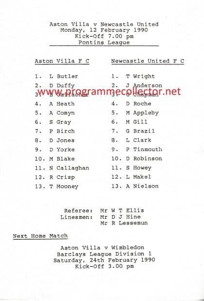 Aston Villa Reserves v Newcastle United Reserves 12-Feb-1990