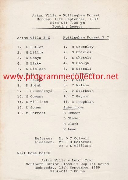 Aston Villa Reserves v Nottingham Forest Reserves 11-Sep-1989