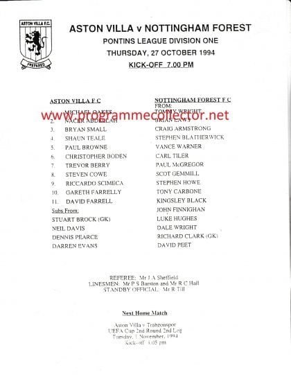 Aston Villa Reserves v Nottingham Forest Reserves 27-Oct-1994