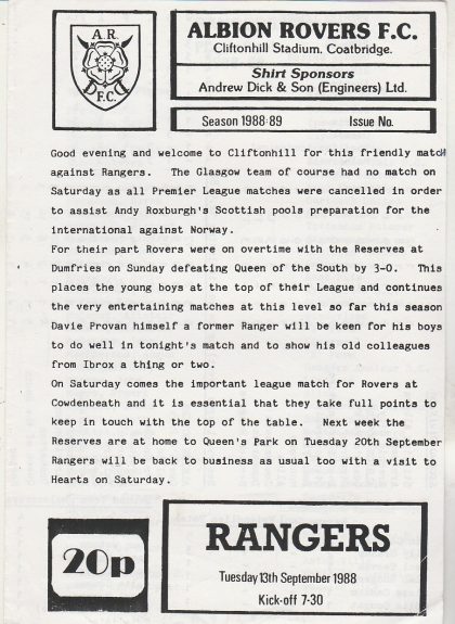 Albion Rovers v Glasgow Rangers 13-Sep-1988